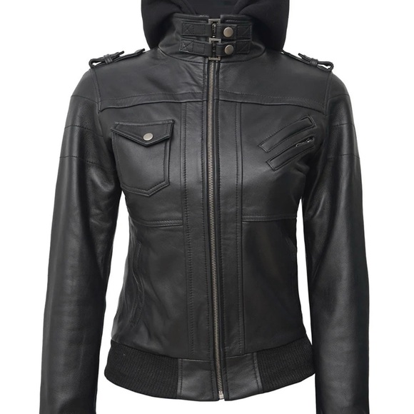 Genuine Leather Black Moto Jacket w/ Hood • New • Real Leather - Picture 2 of 13